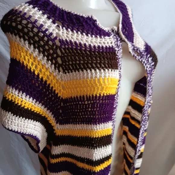Medium Vtg 1970's Women's Handmade Striped Multicolor Open Front Knit Cardigan
