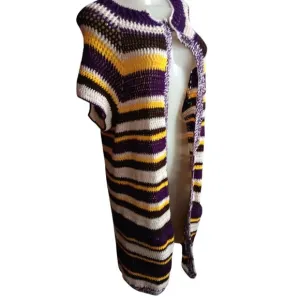 Medium Vtg 1970's Women's Handmade Striped Multicolor Open Front Knit Cardigan