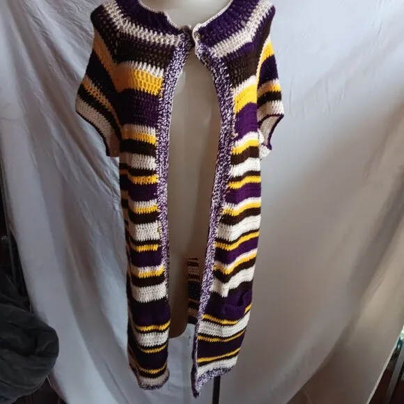 Medium Vtg 1970's Women's Handmade Striped Multicolor Open Front Knit Cardigan