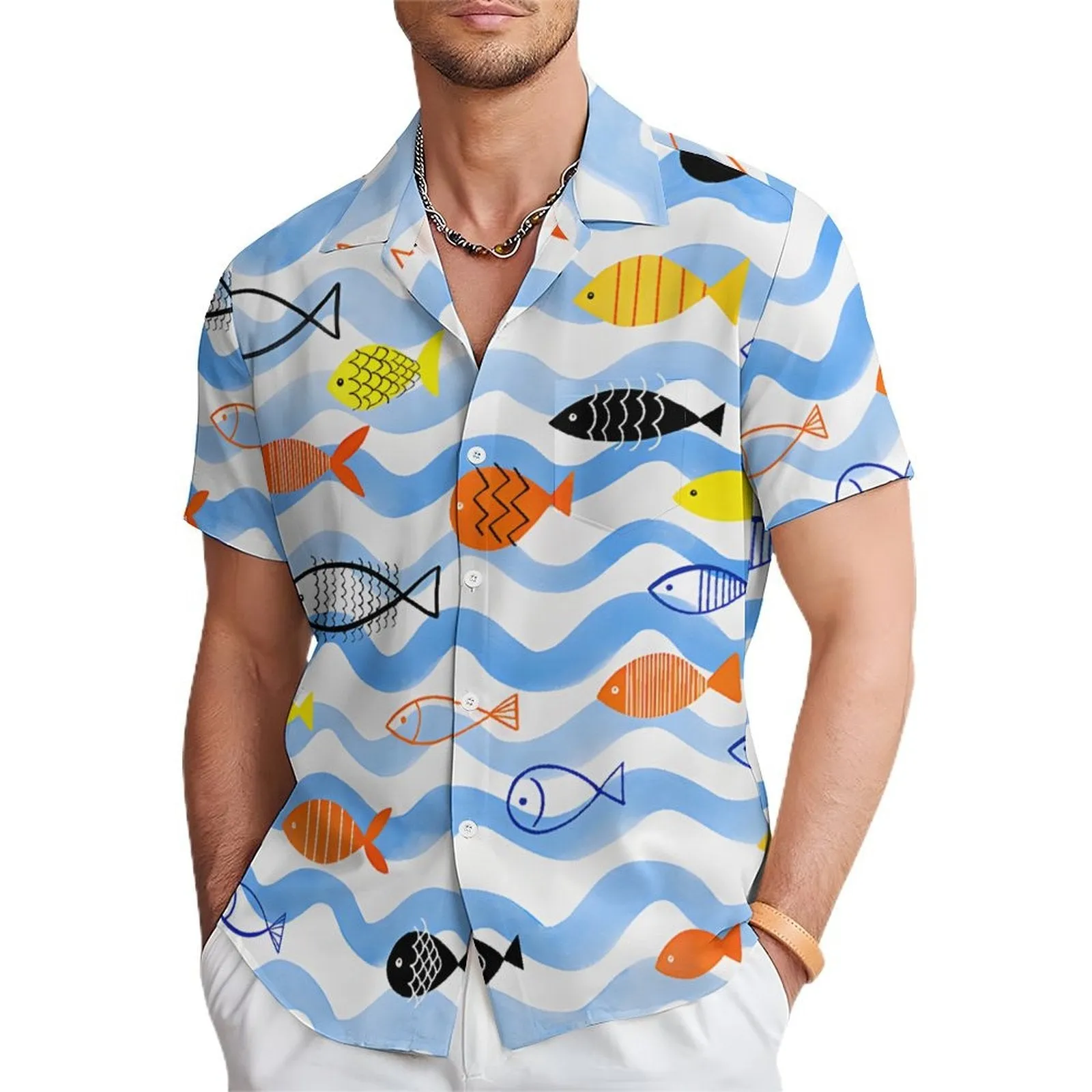 Men's Cartoon Fish Casual Short Sleeve Shirt 2401000135