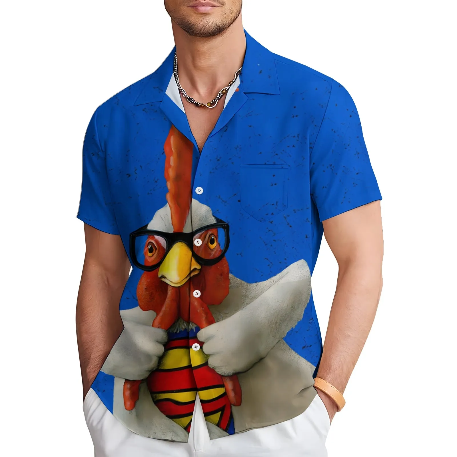 Men's Casual Fashion Superman Rooster Print Short Sleeve Shirt 2307100388