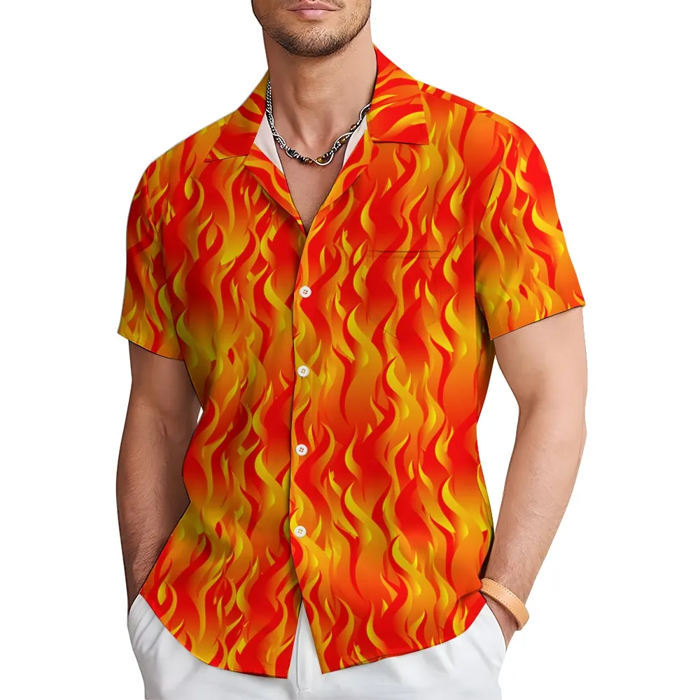 Men's Fashion Casual Flame Print Short Sleeve Shirt 2306105790