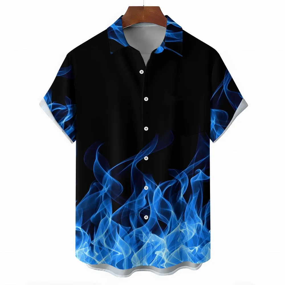 Men's Flame Print Casual Fashion Chest Pocket Short Sleeve Shirt 2307101674