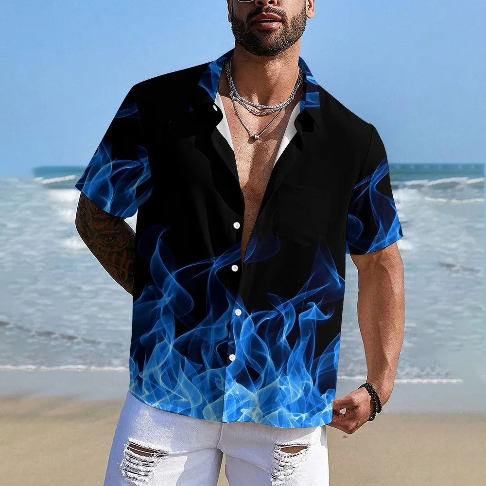 Men's Flame Print Casual Fashion Chest Pocket Short Sleeve Shirt 2307101674