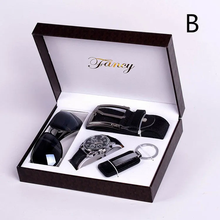 Men's Gift High-end Watch, Fashion Sunglasses Keychain 4 Piece Set