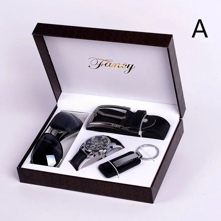 Men's Gift High-end Watch, Fashion Sunglasses Keychain 4 Piece Set