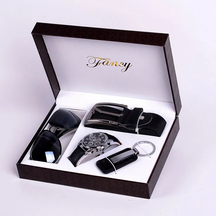 Men's Gift High-end Watch, Fashion Sunglasses Keychain 4 Piece Set