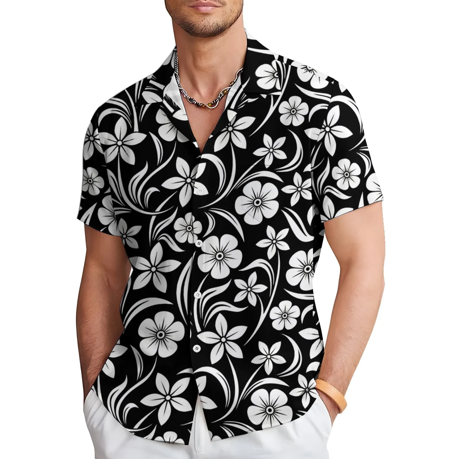 Men's Hawaiian Flowers Print Casual Short Sleeve Shirt 2404001710