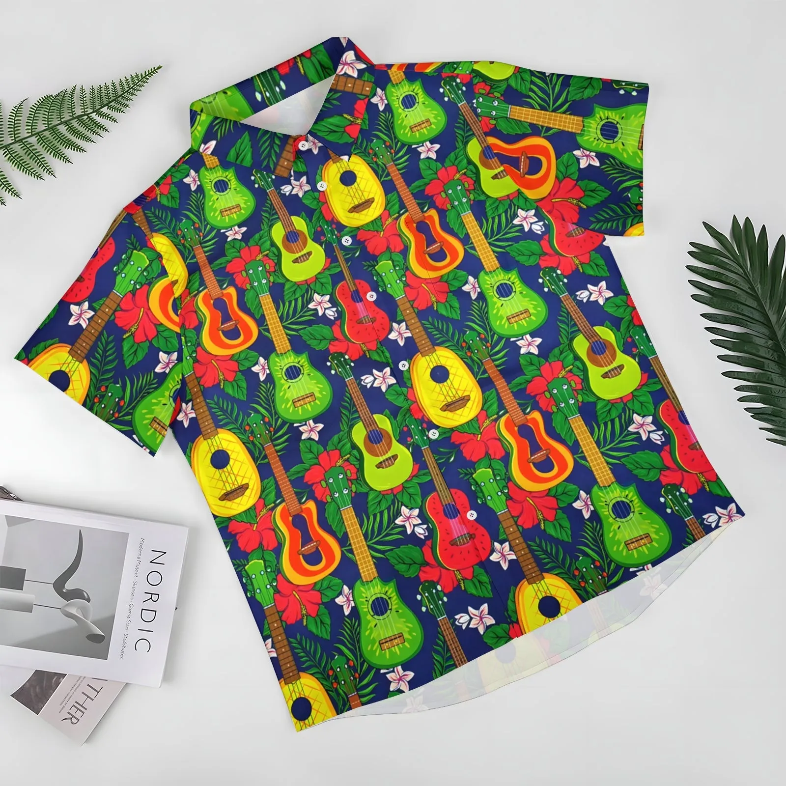 Men's Hawaiian Fruit Guitar Casual Short Sleeve Shirt 2404001360