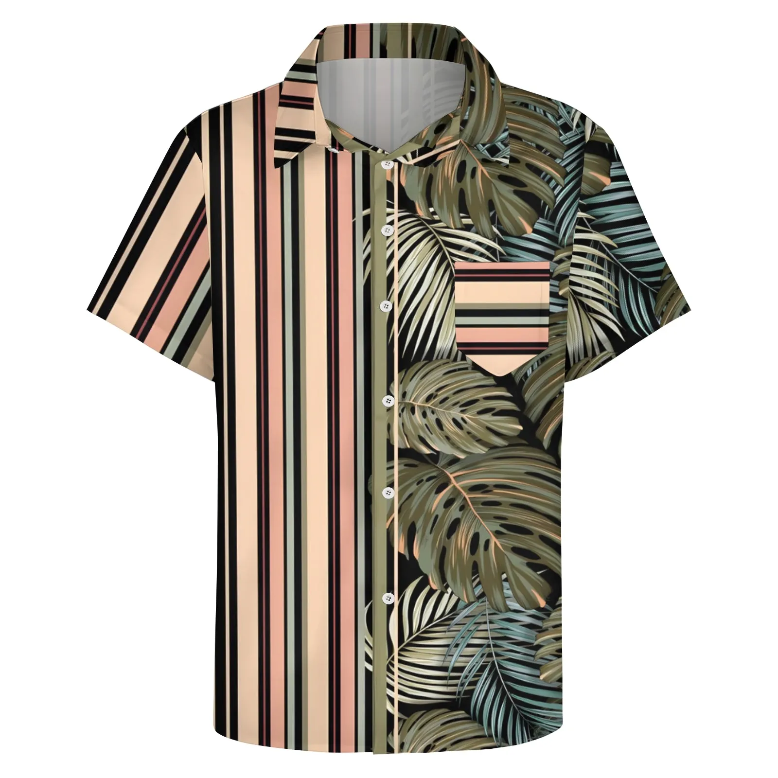 Men's Hawaiian Stripes And Tropical Plant Print Casual Short Sleeve Shirt 2404001394