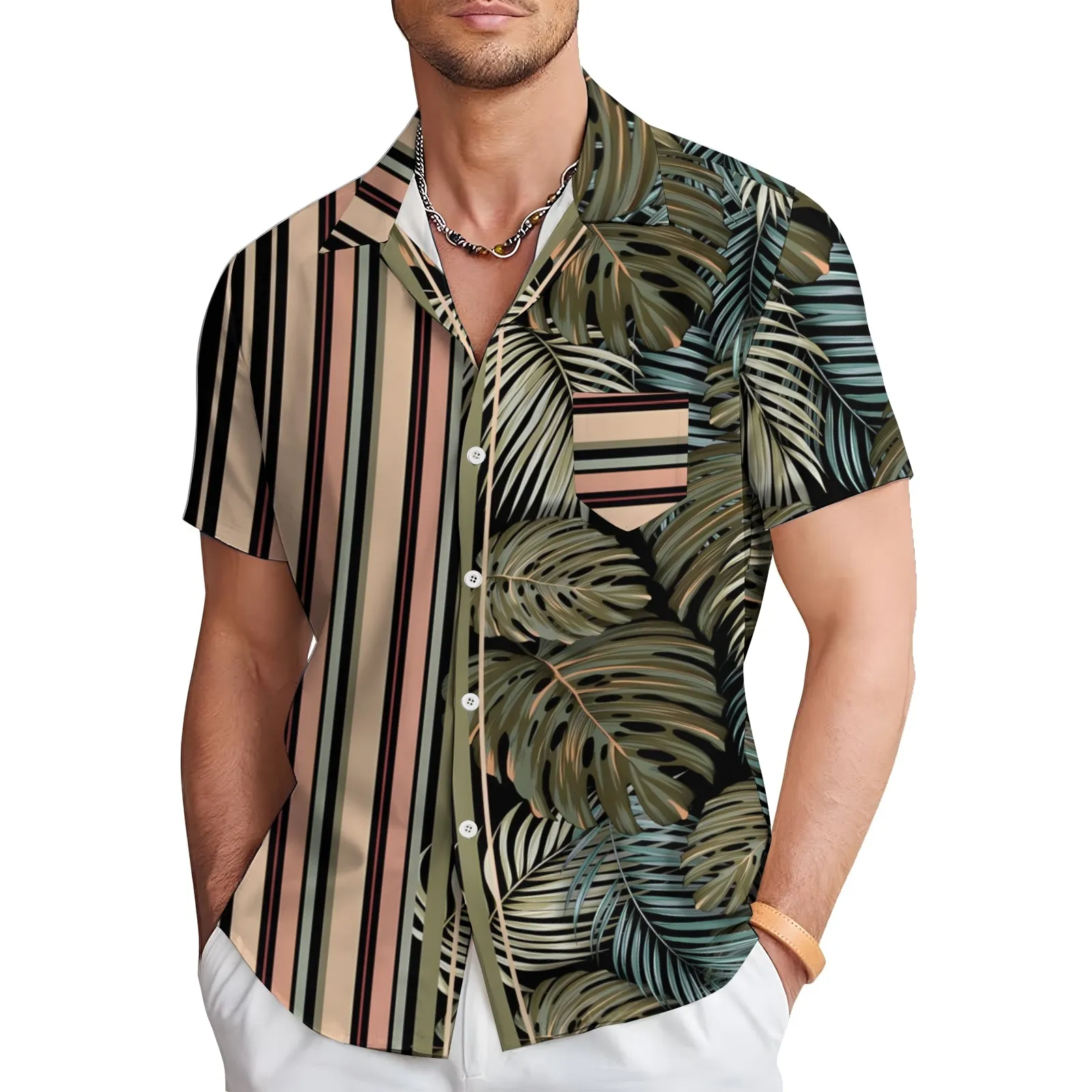 Men's Hawaiian Stripes And Tropical Plant Print Casual Short Sleeve Shirt 2404001394