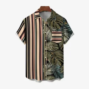 Men's Hawaiian Stripes And Tropical Plant Print Casual Short Sleeve Shirt 2404001394