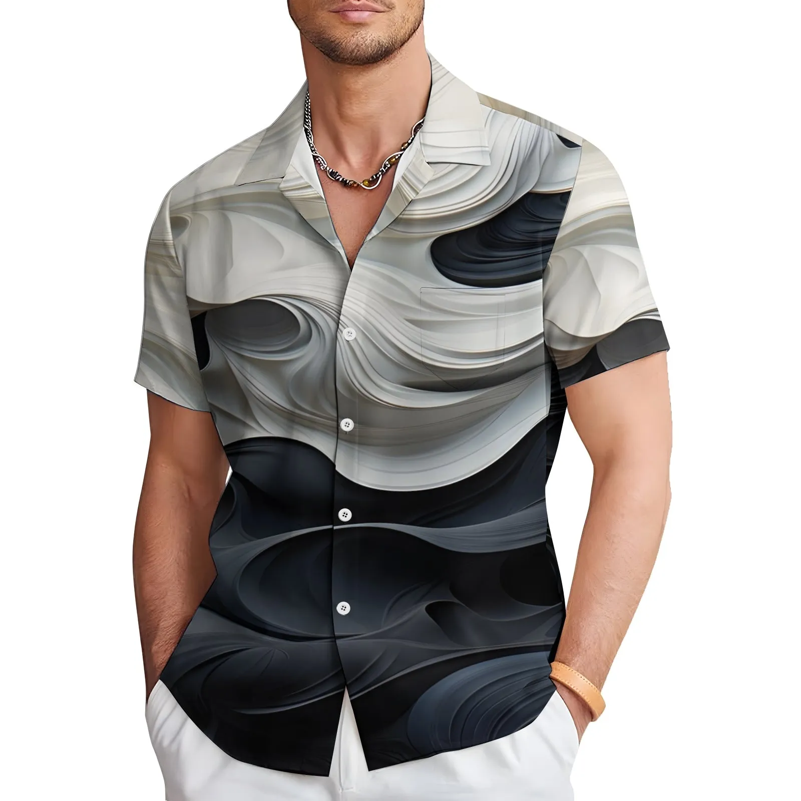 Men's Texture Print Casual Short Sleeve Shirt 2404000056