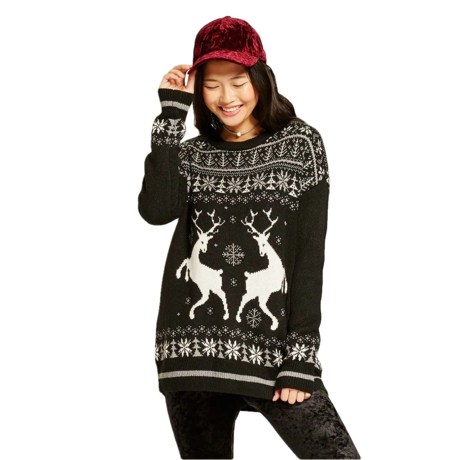 Mossimo Women's Reindeer Pattern Pullover Sweater Black Large