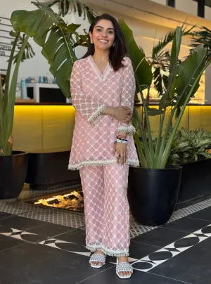 Mulmul Organza Adelina Pink Top With Mulmul Organza Adelina Pink Pant