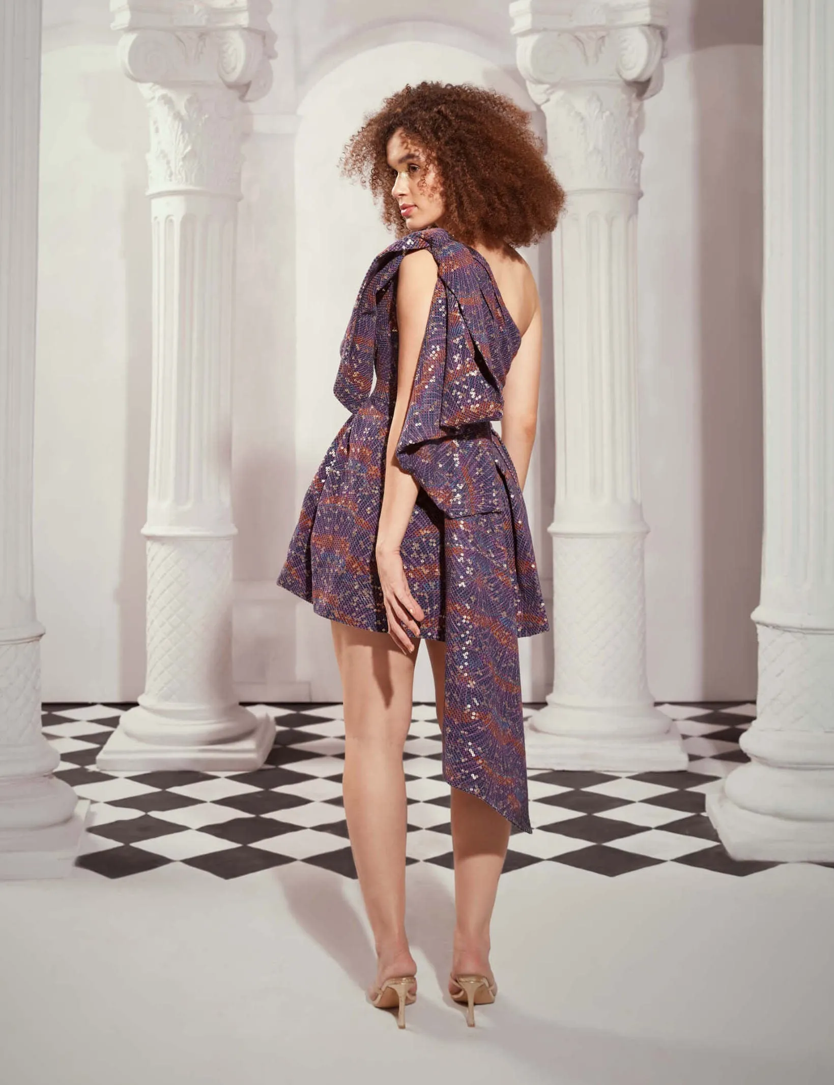 Multicolor print one shoulder bow dress