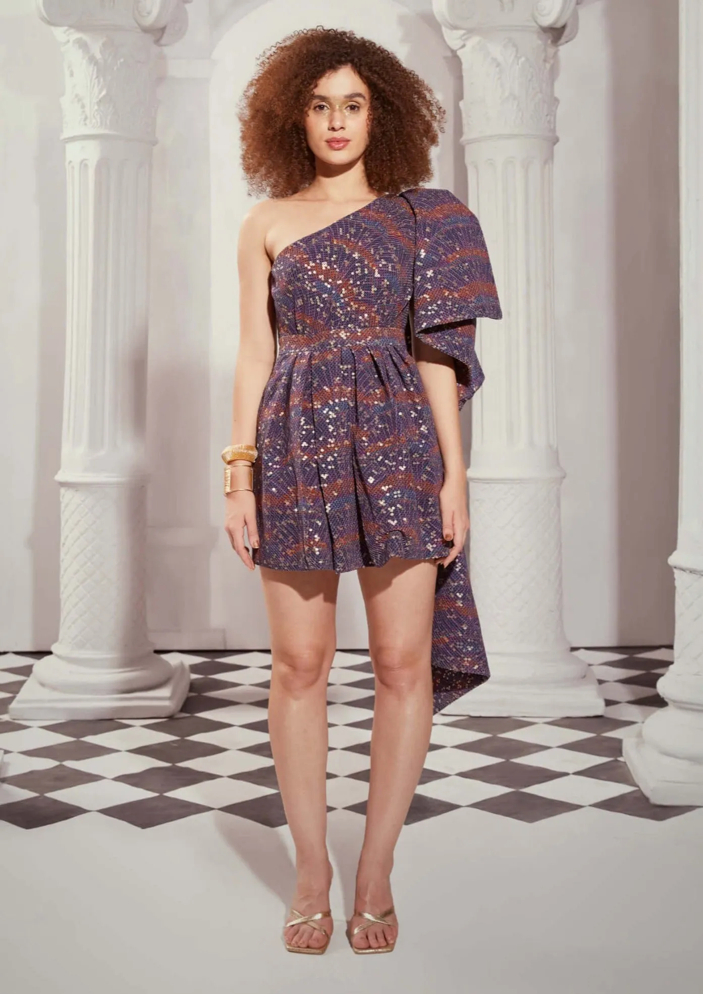 Multicolor print one shoulder bow dress