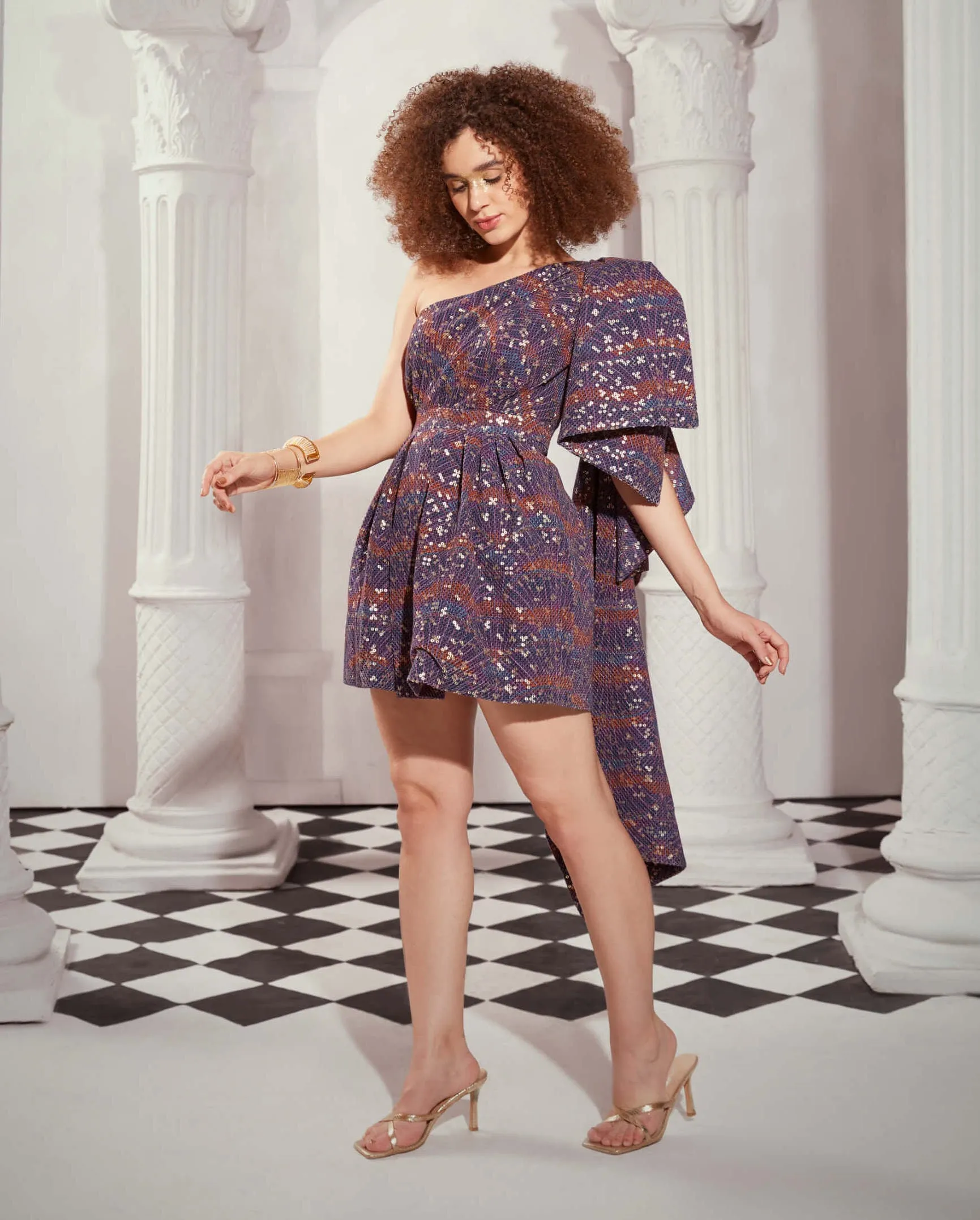 Multicolor print one shoulder bow dress
