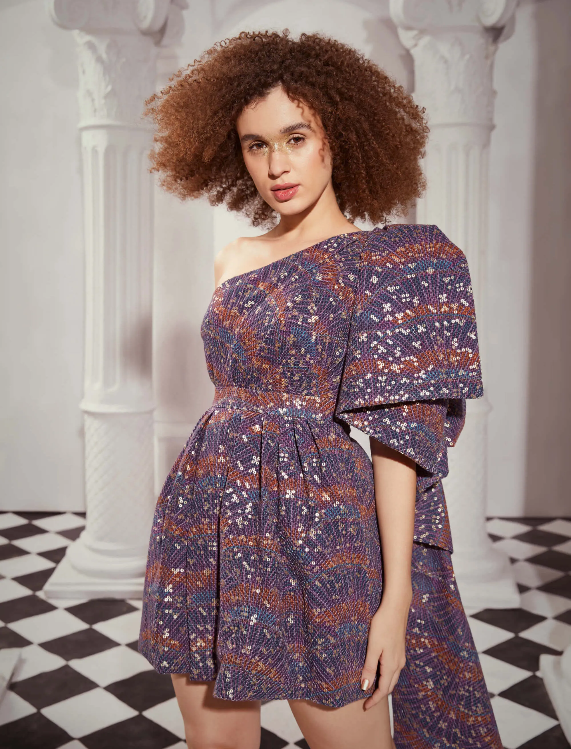 Multicolor print one shoulder bow dress