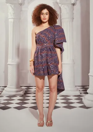 Multicolor print one shoulder bow dress