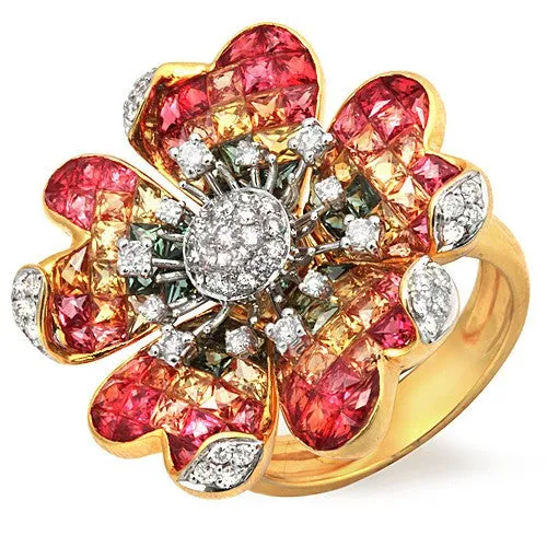 Multicolor Sapphire & Diamond Accented Flower Design Ring, 18k Yellow Gold