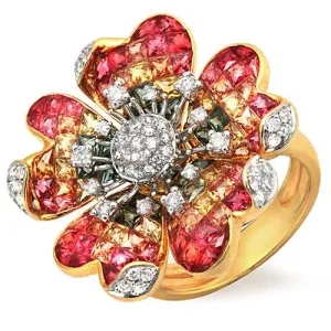 Multicolor Sapphire & Diamond Accented Flower Design Ring, 18k Yellow Gold
