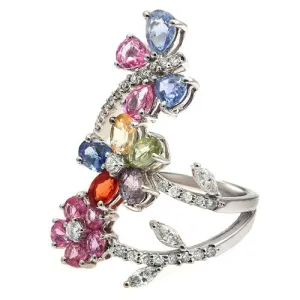 Multicolor Sapphire Flower Design Ring with Diamond Accents, 18k White Gold