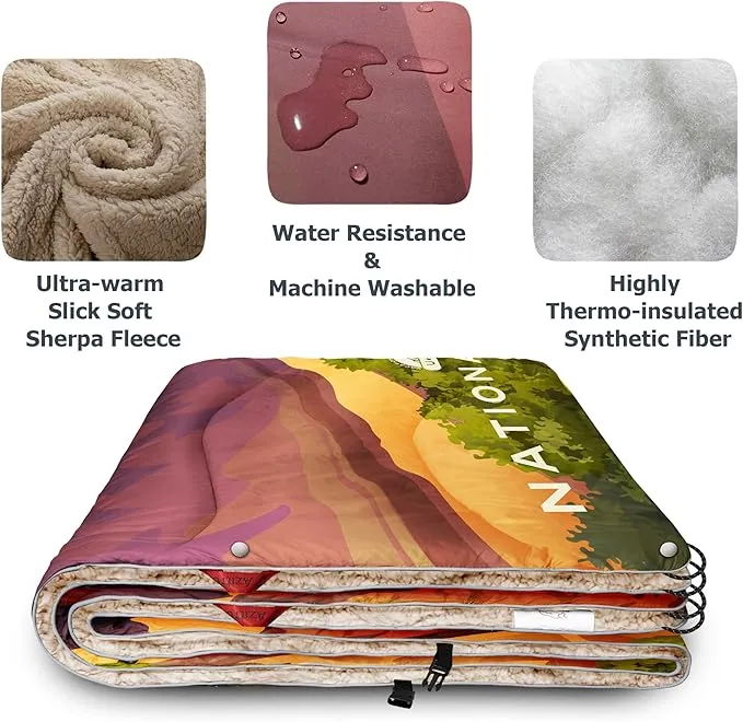 Multipurpose Sherpa-Lined Outdoor Blanket - Waterproof, Windproof, Extra Thick for Camping, Stadium Sporting Events, Beach, Picnic, and Traveling Comfort in Cold Weather - Large 55 X 78