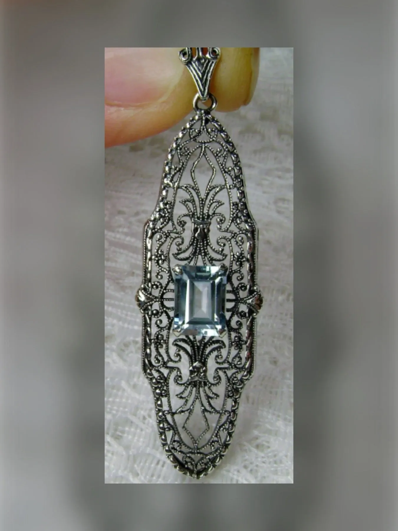 Natural Blue Topaz Pineapple Pendant, Rectangle Gemstone, Antique Vintage Jewelry, #P3