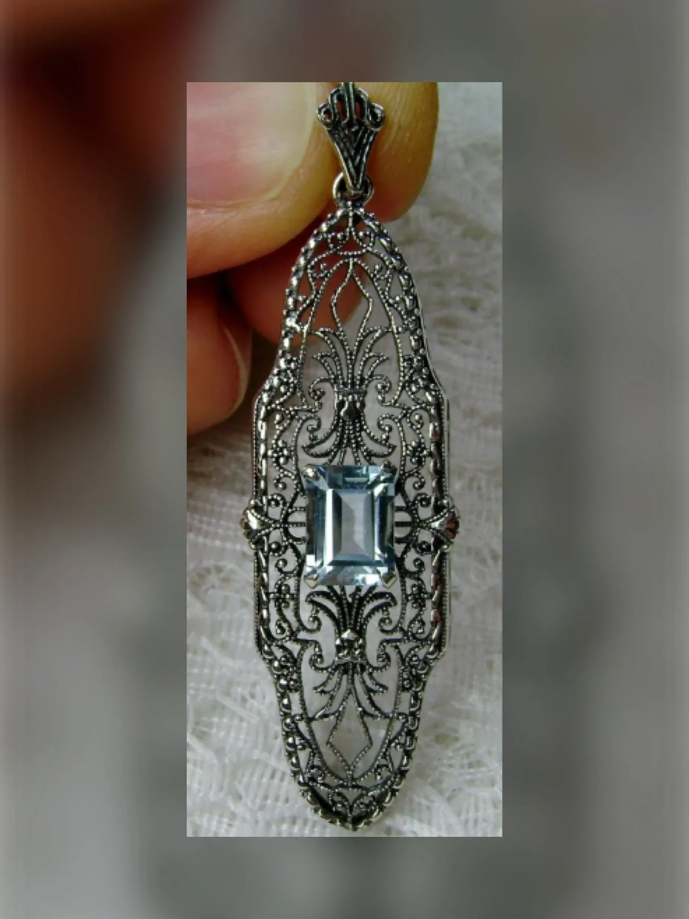 Natural Blue Topaz Pineapple Pendant, Rectangle Gemstone, Antique Vintage Jewelry, #P3