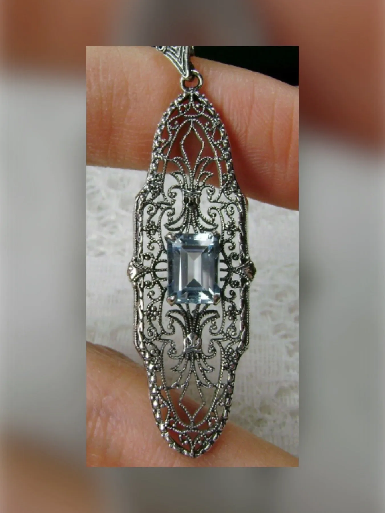 Natural Blue Topaz Pineapple Pendant, Rectangle Gemstone, Antique Vintage Jewelry, #P3