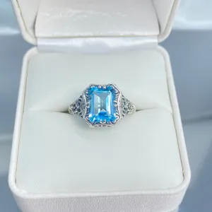 Natural Blue Topaz Ring, Edwardian Jewelry #D148