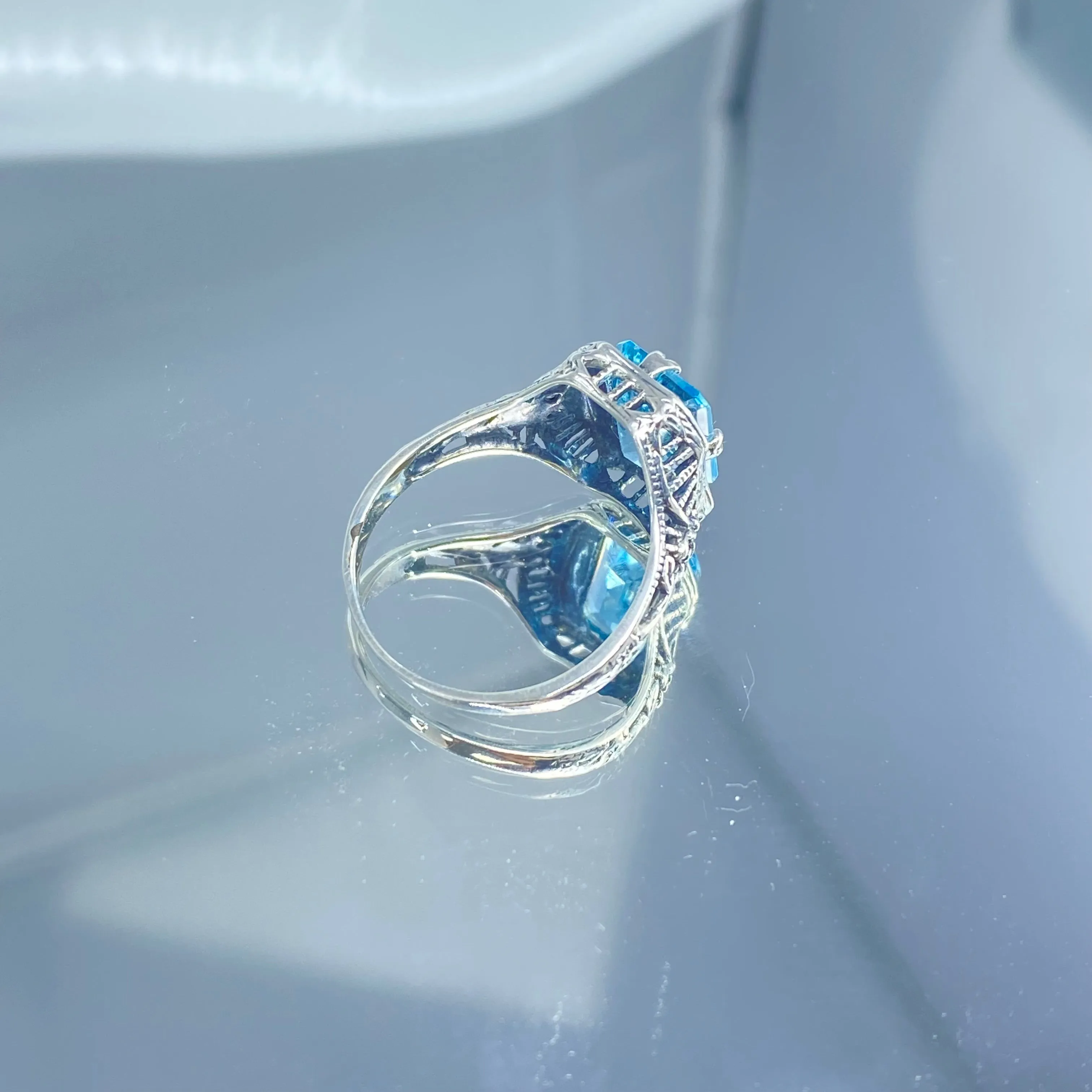 Natural Blue Topaz Ring, Edwardian Jewelry #D148
