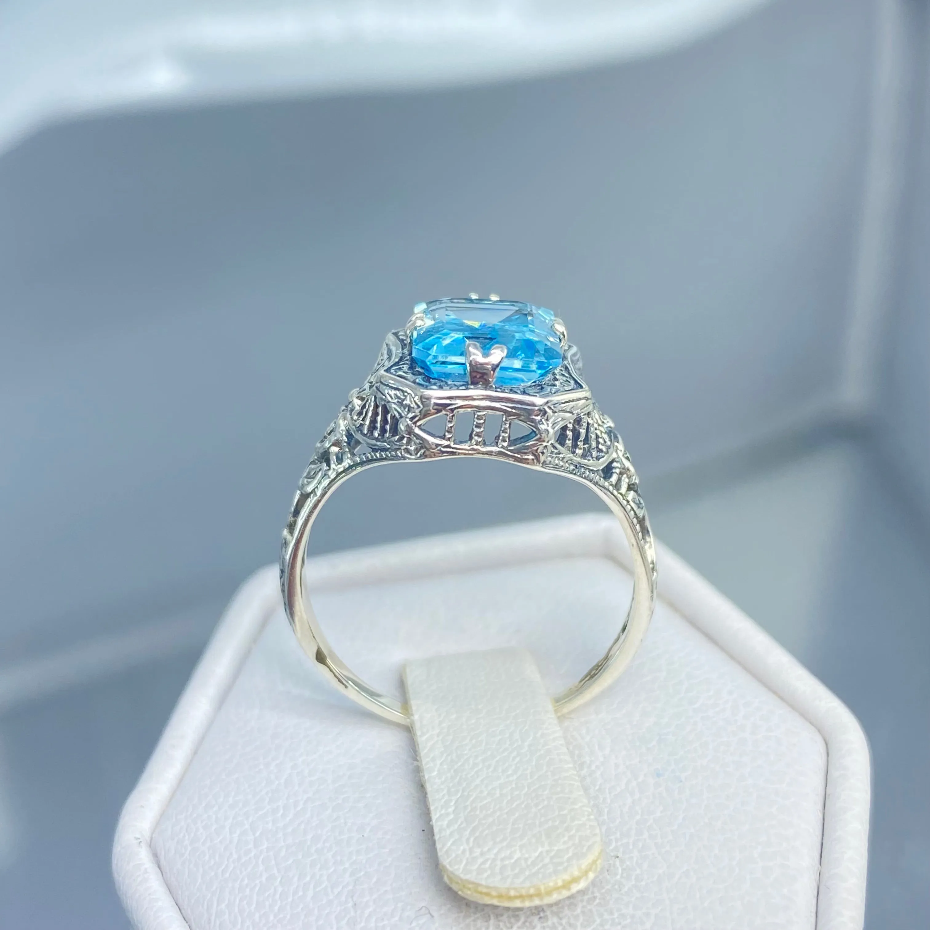 Natural Blue Topaz Ring, Edwardian Jewelry #D148