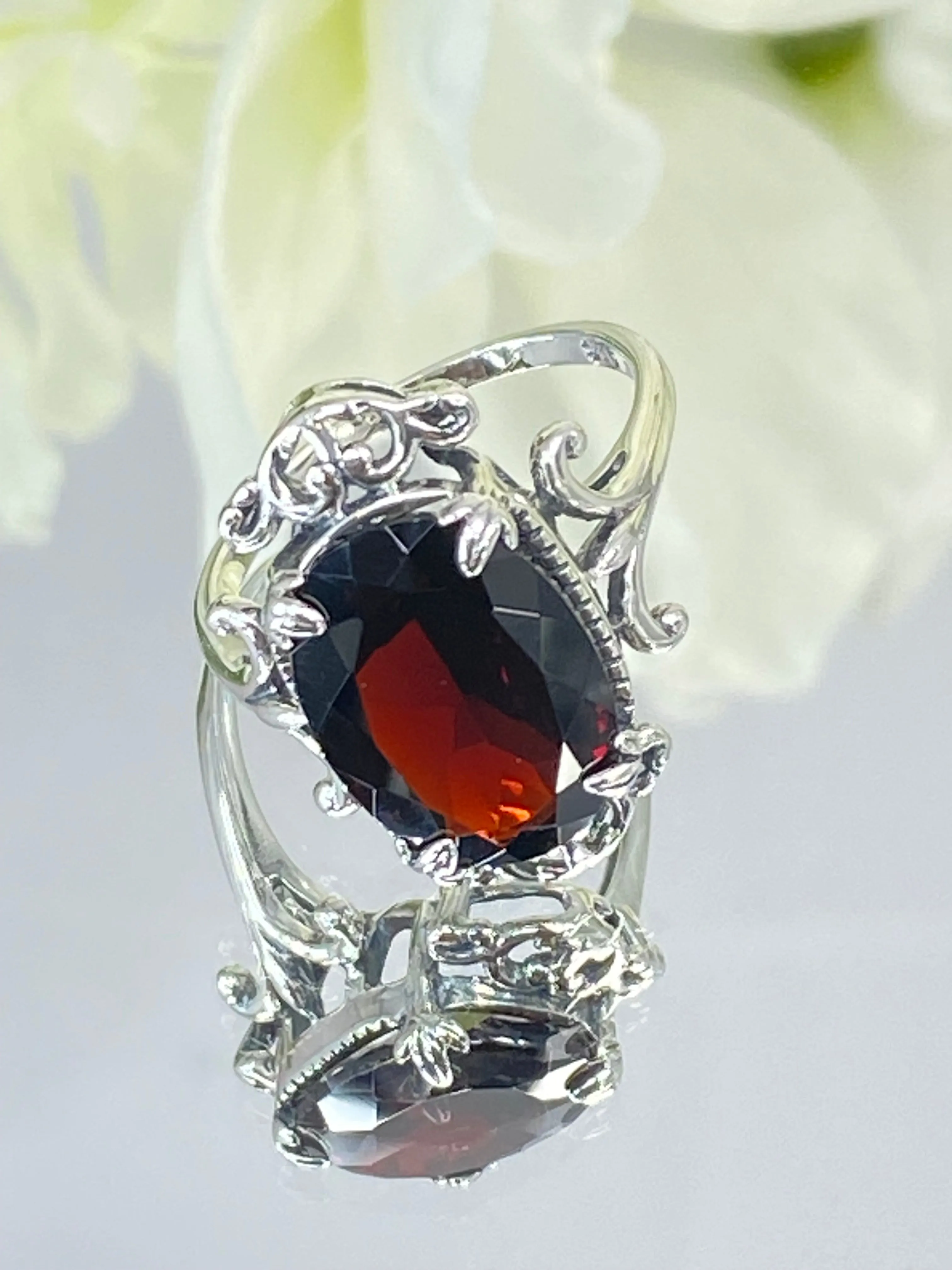 Natural Garnet Ring, Sterling Silver Filigree, Gothic Jewelry, #D84