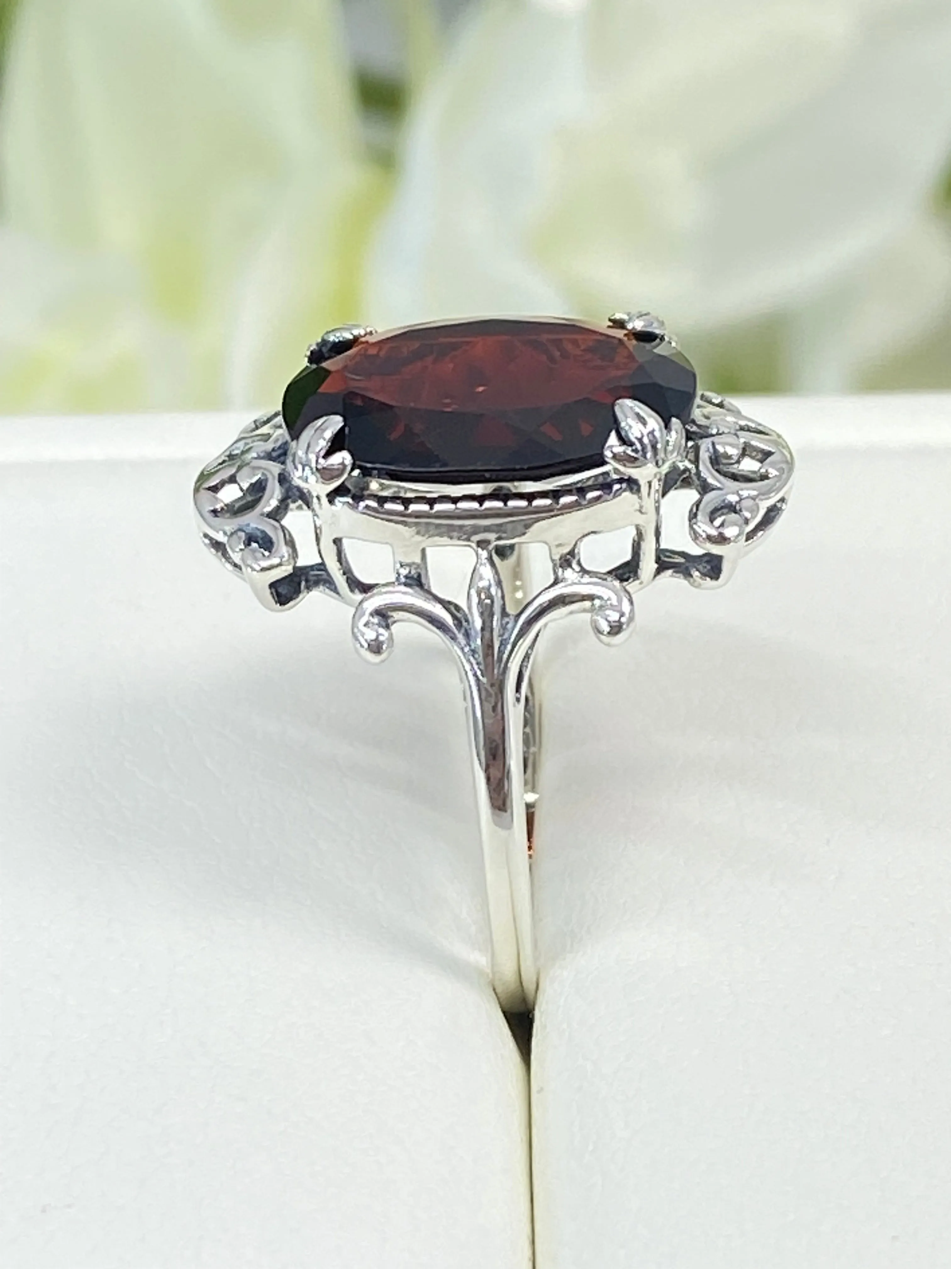 Natural Garnet Ring, Sterling Silver Filigree, Gothic Jewelry, #D84