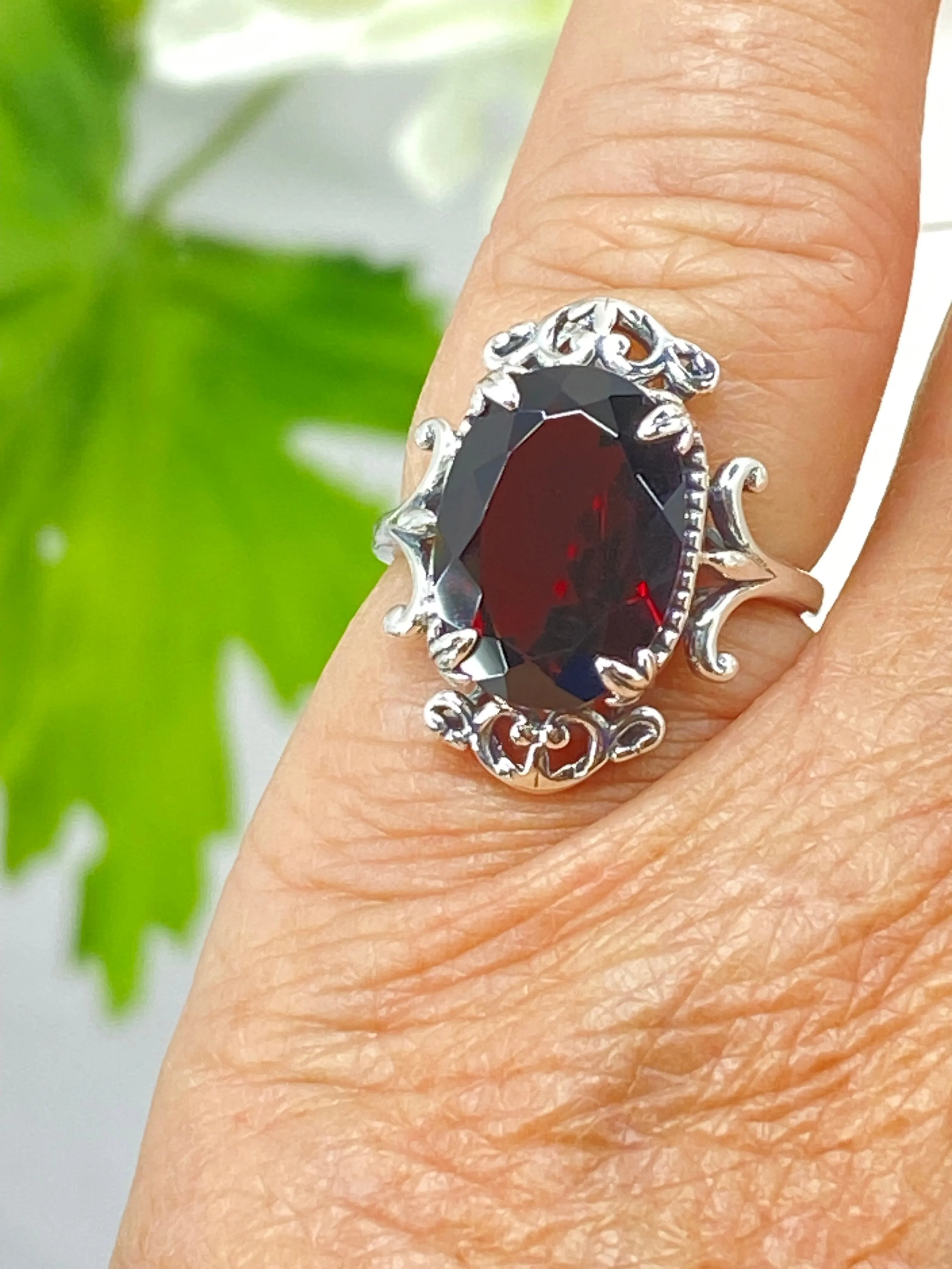 Natural Garnet Ring, Sterling Silver Filigree, Gothic Jewelry, #D84