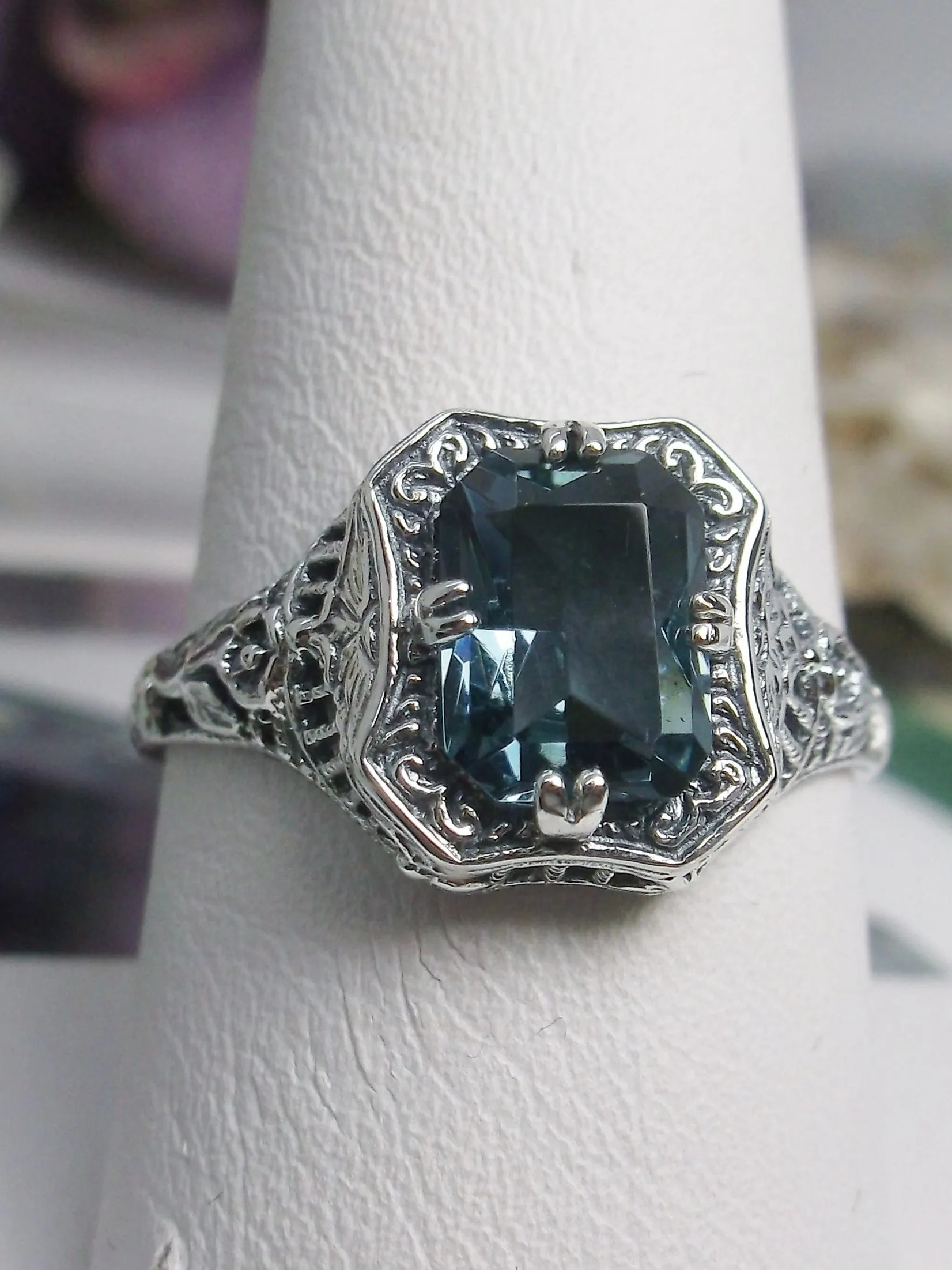 Natural London Blue Topaz Ring, Lovely Rectangle Topaz Gem, Edwardian Jewelry #D148