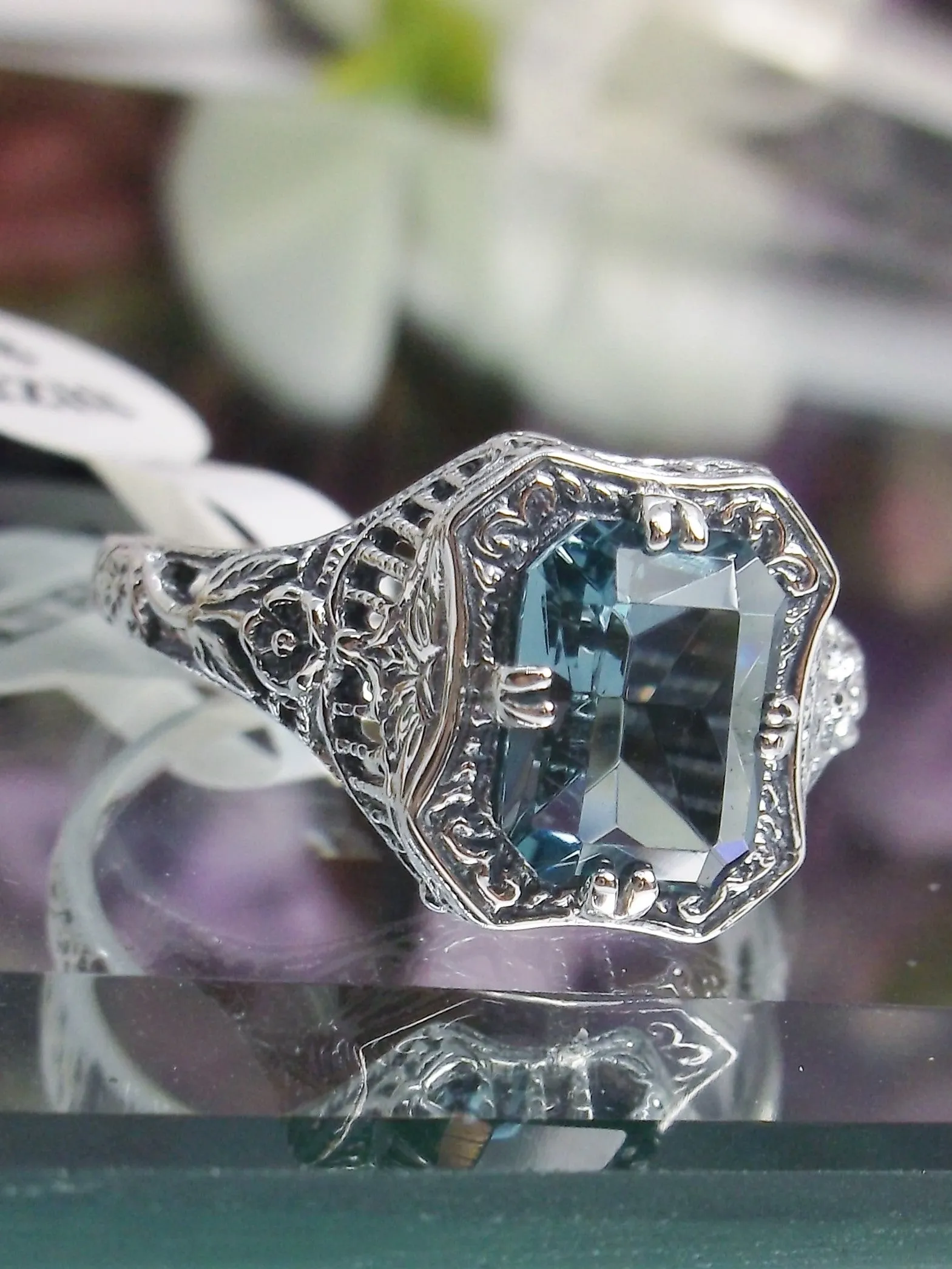 Natural London Blue Topaz Ring, Lovely Rectangle Topaz Gem, Edwardian Jewelry #D148
