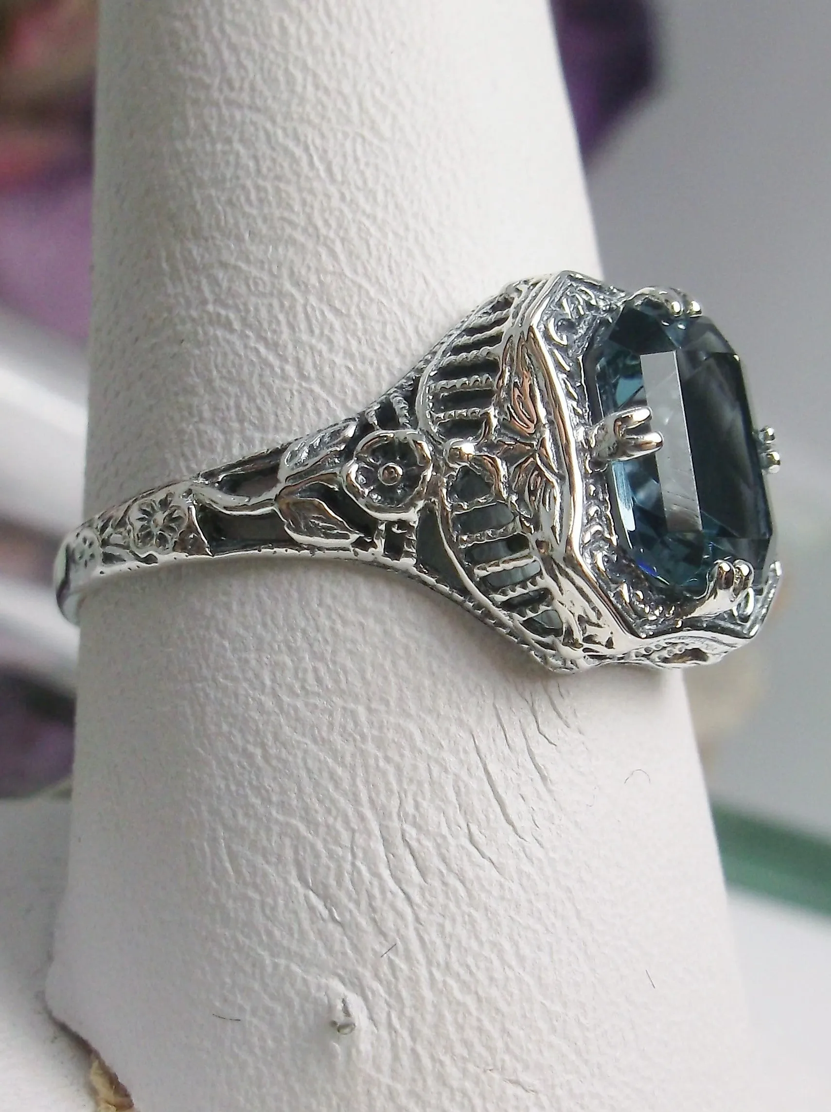 Natural London Blue Topaz Ring, Lovely Rectangle Topaz Gem, Edwardian Jewelry #D148