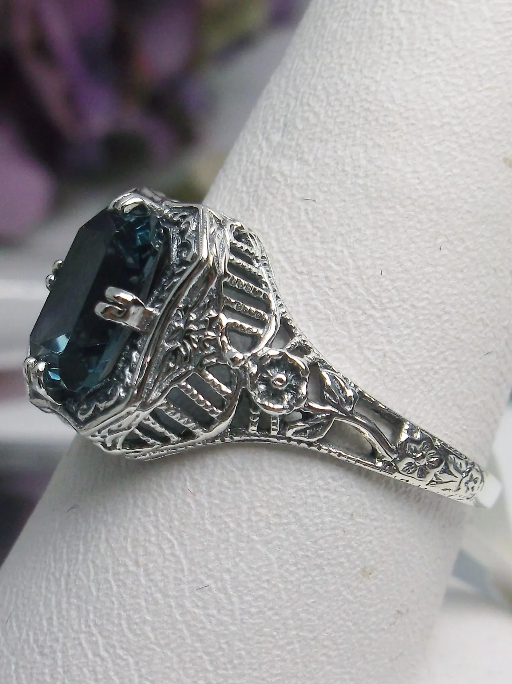 Natural London Blue Topaz Ring, Lovely Rectangle Topaz Gem, Edwardian Jewelry #D148
