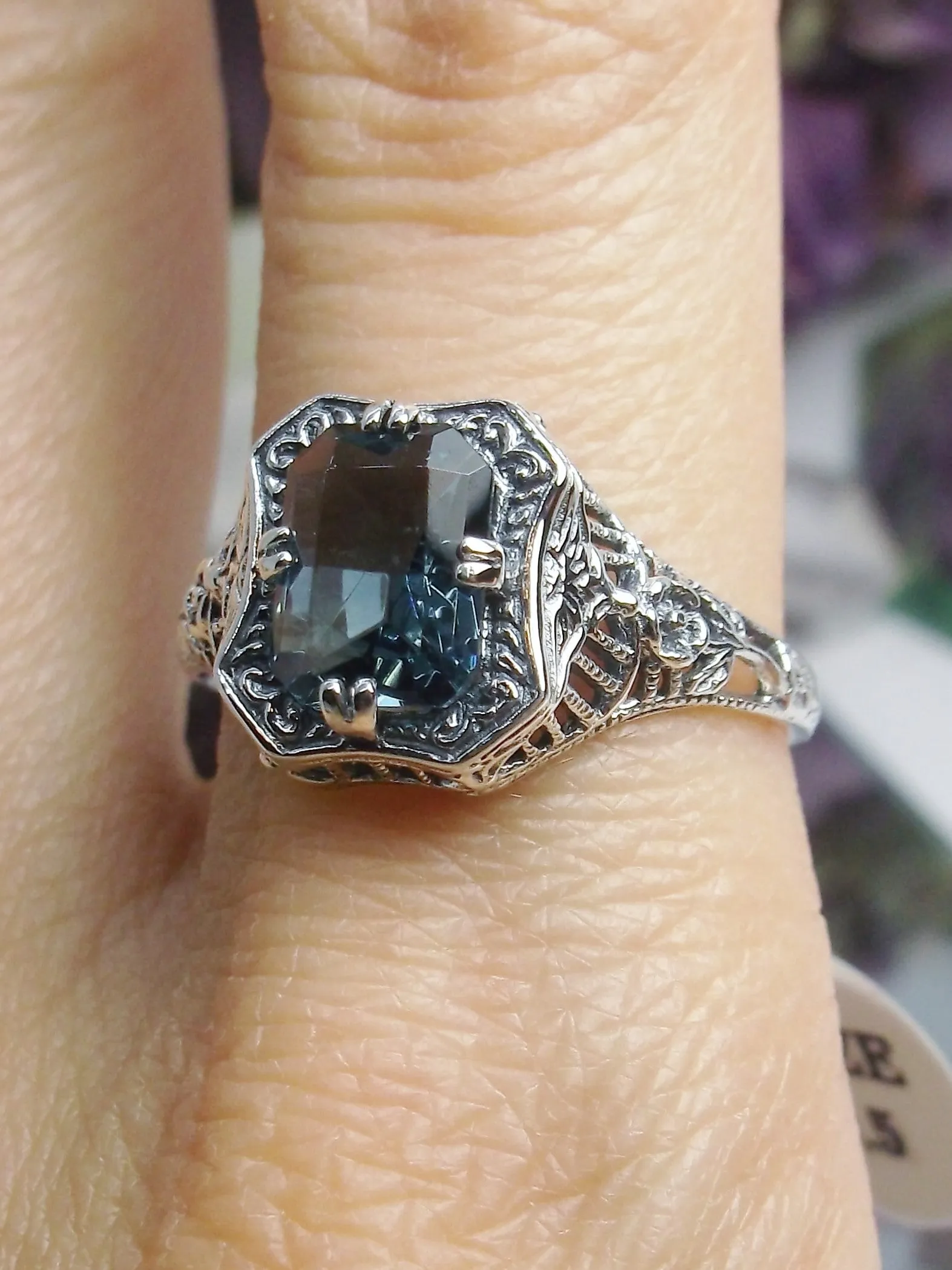 Natural London Blue Topaz Ring, Lovely Rectangle Topaz Gem, Edwardian Jewelry #D148
