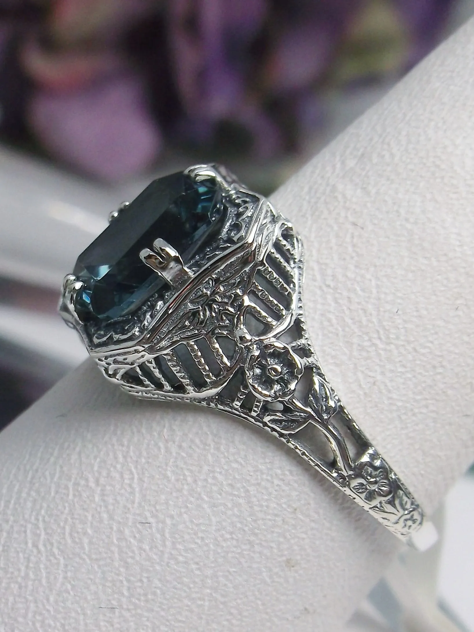 Natural London Blue Topaz Ring, Lovely Rectangle Topaz Gem, Edwardian Jewelry #D148