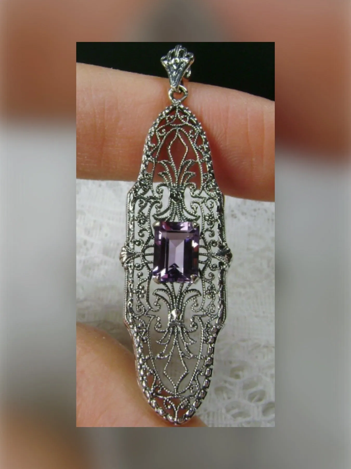 Natural Purple Amethyst Pineapple Pendant, Rectangle Gemstone, Antique Vintage Jewelry, #P3