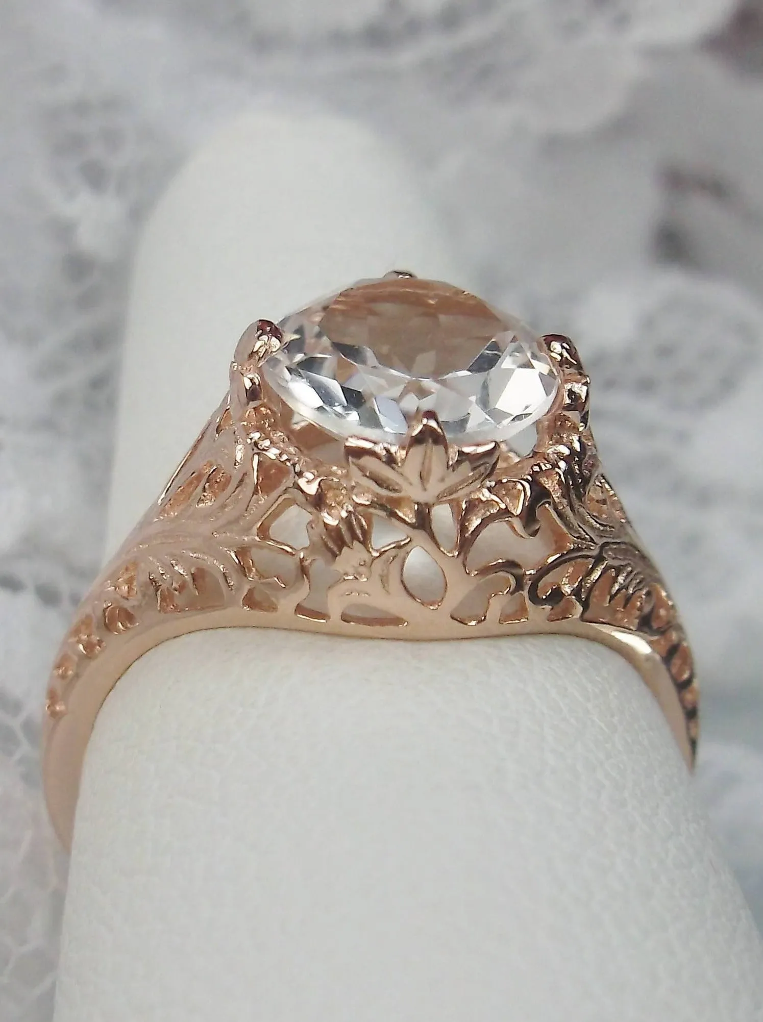 Natural White Topaz, Rose Gold Filigree, Victorian Jewelry D198