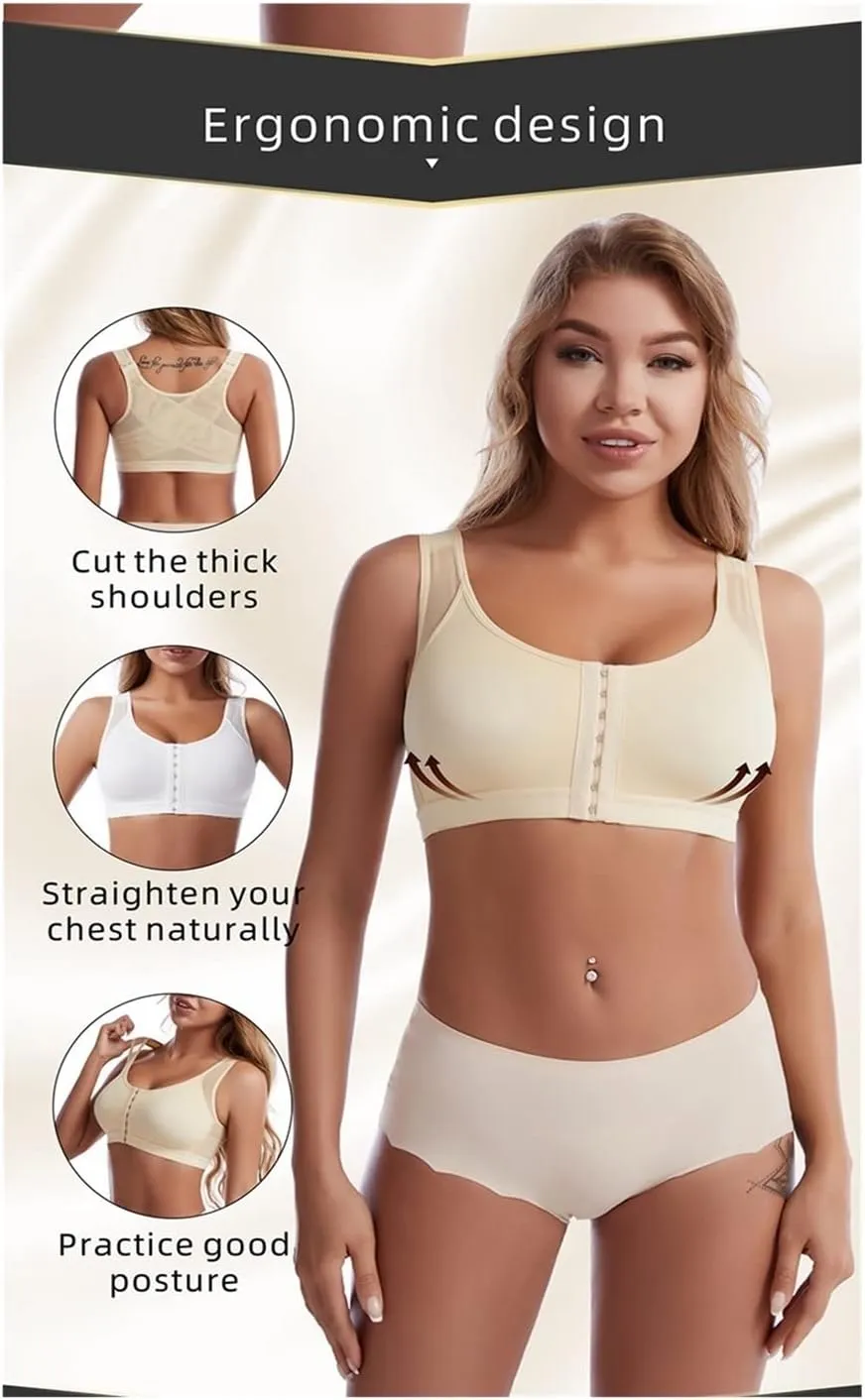 NEW Front Closure Posture Corrector Lift Up Bra Women Push Up Cross Back Underwear Shockproof Sports Support Fitness Vest Bras, Beige, Sz 4XL, Fits like 1X-2X
