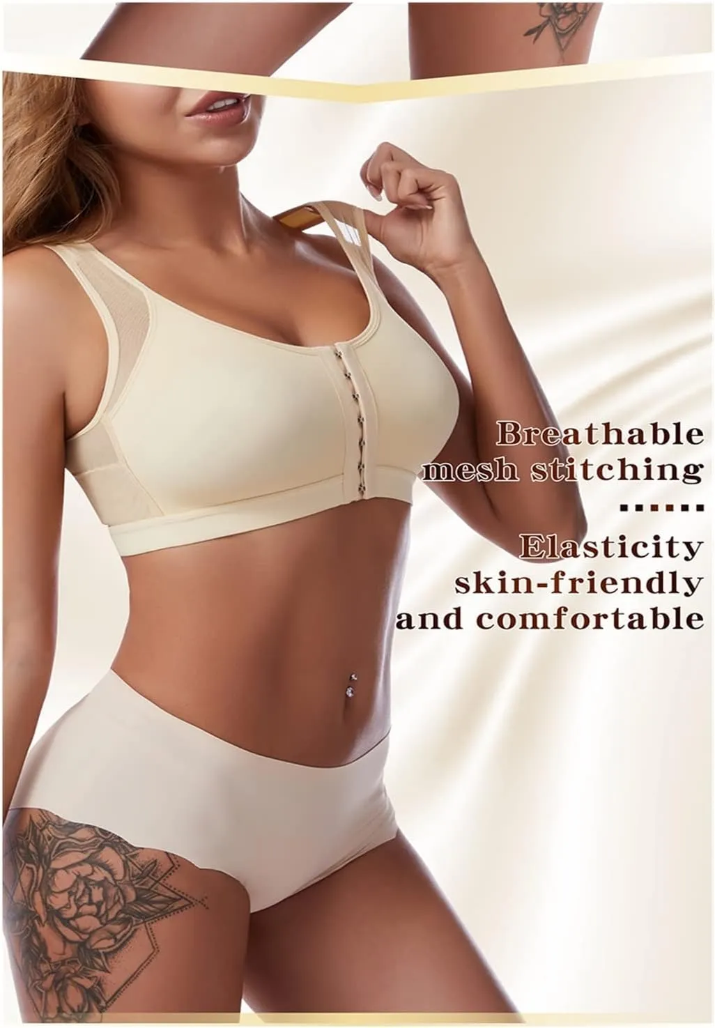NEW Front Closure Posture Corrector Lift Up Bra Women Push Up Cross Back Underwear Shockproof Sports Support Fitness Vest Bras, Beige, Sz 4XL, Fits like 1X-2X