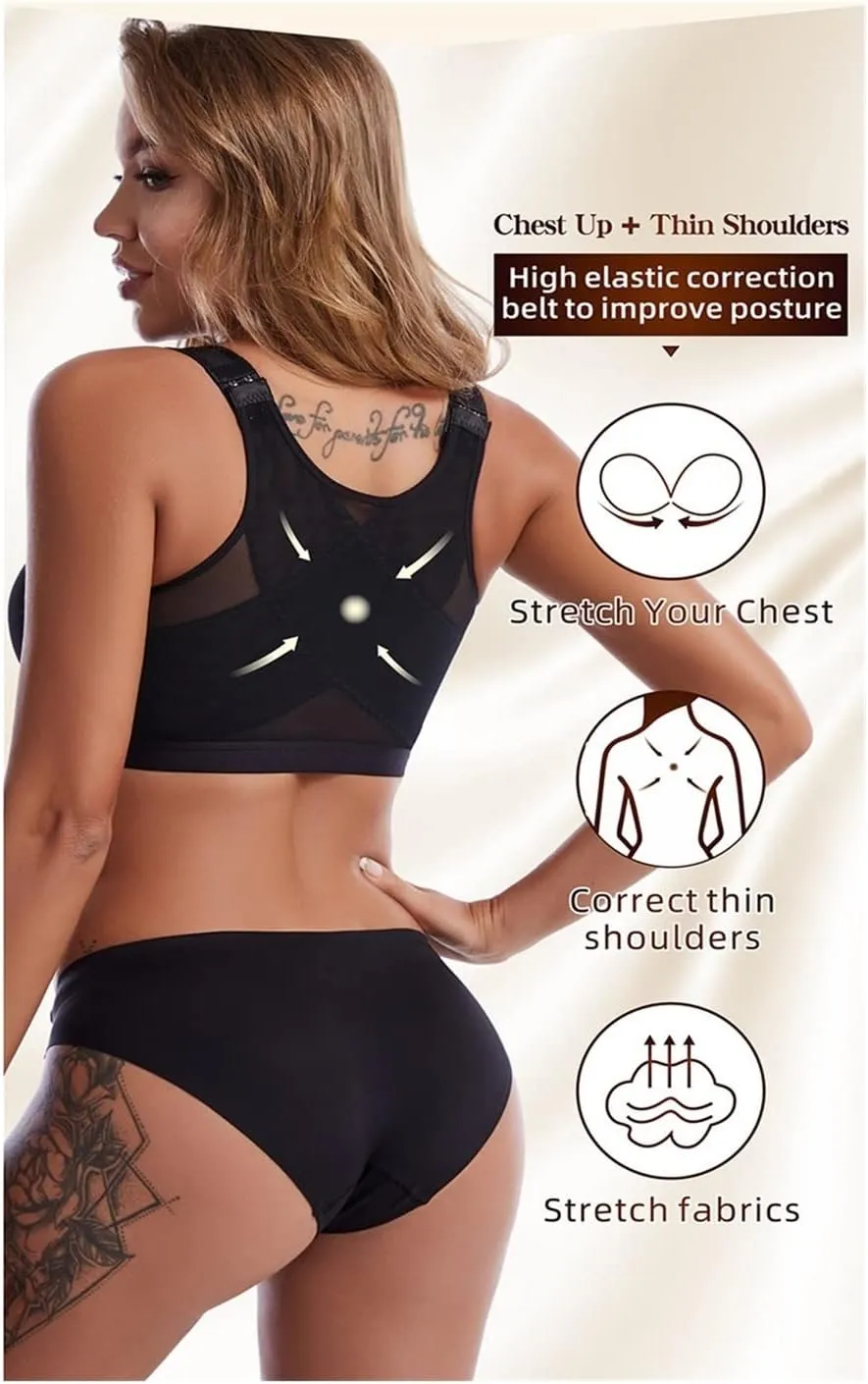 NEW Front Closure Posture Corrector Lift Up Bra Women Push Up Cross Back Underwear Shockproof Sports Support Fitness Vest Bras, Black, Sz 3XL, Fits like XL-1X