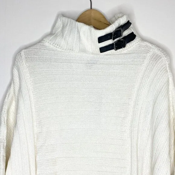 NWT Chico's Black Label Ivory Poncho Sweater Buckle Neck L/XL Cashmere Blend