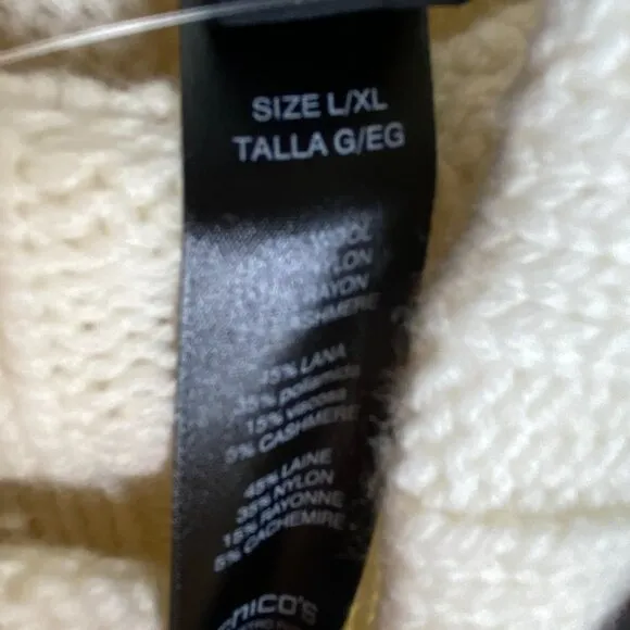NWT Chico's Black Label Ivory Poncho Sweater Buckle Neck L/XL Cashmere Blend